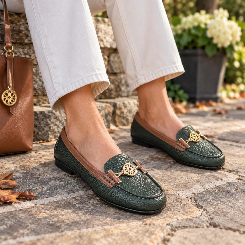 Aerosoles Driving Loafers Pebbled Leather Green Brown Gold Hardware Women's 10M